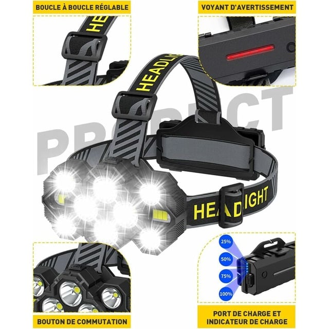 Lampe Frontale Rechargeable - 2022 Améliorée 22000 Lumen 10 LED 10 Modes Super Brillante Lumineux Lampe Frontale Mains Libres Lampe de Poche