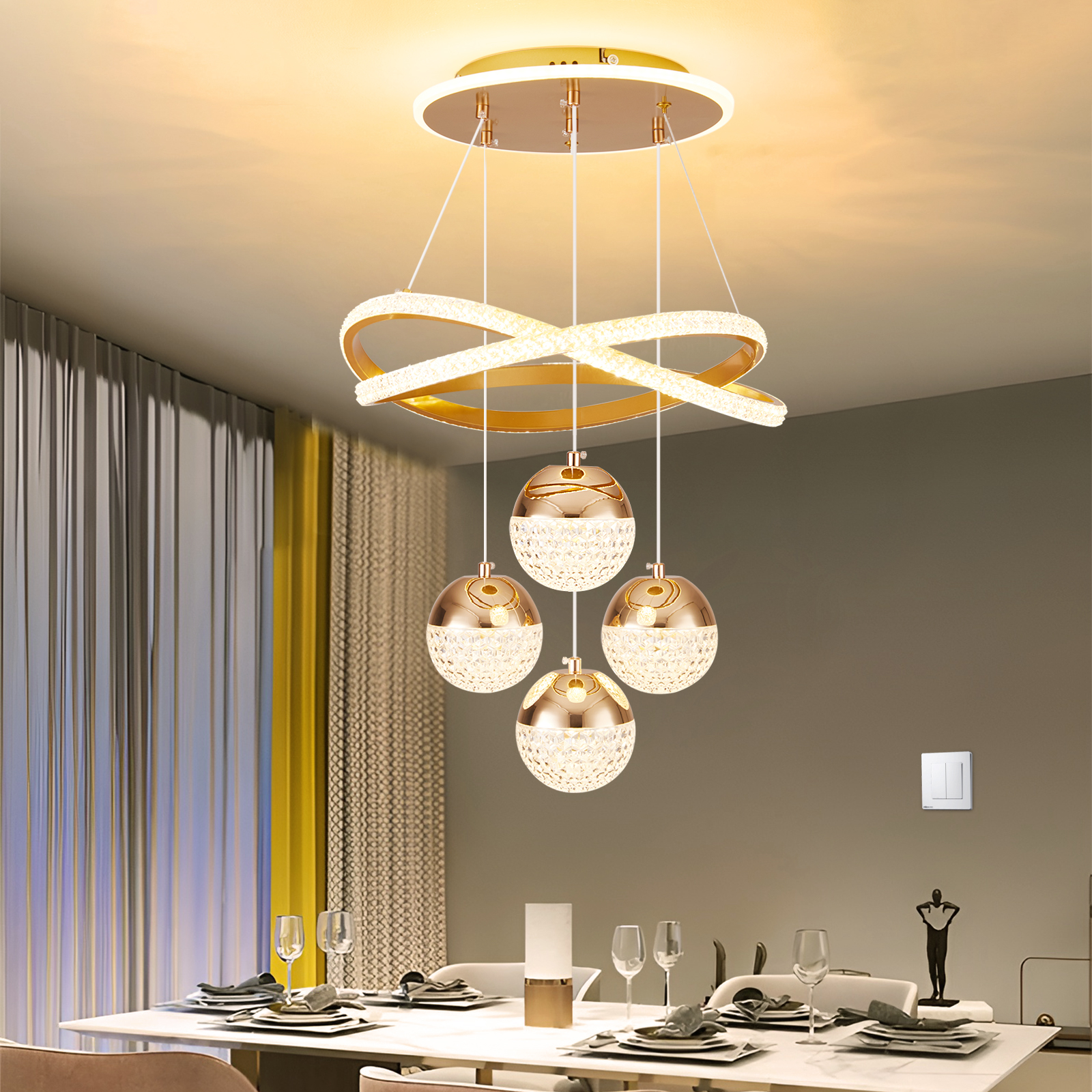 LEDANDER Lustre LED moderne, plafonnier, lampe LED, variateur tricolore, design doré à quatre sphères, convient pour la salle à manger et la chambre - 6