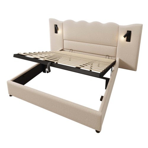 Lit double 180×200 avec rangement, lampe de lecture 360°, ports USB & Type-C, cadre en lin et bois massif, beige (sans matelas) - 2