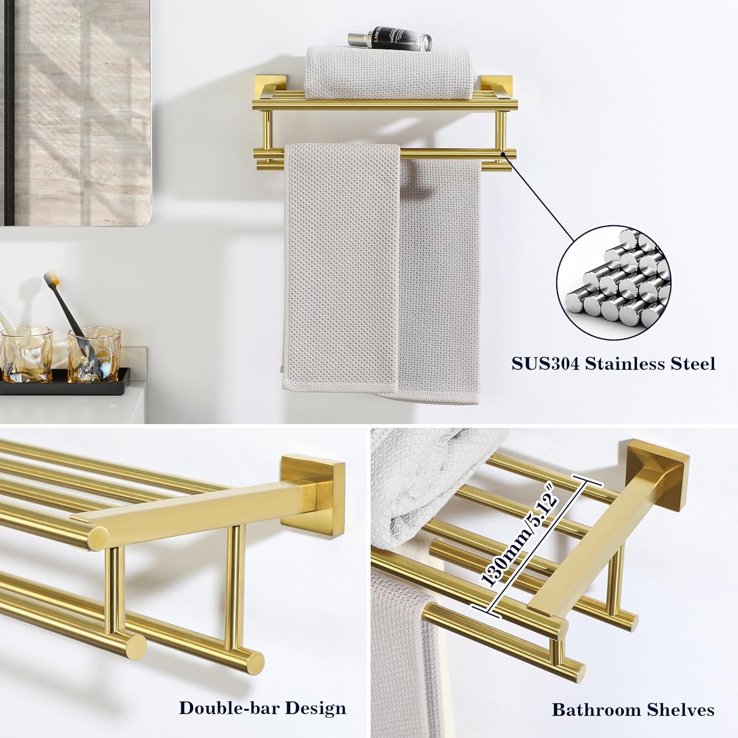 Porte-serviettes, porte-serviettes avec porte-serviettes double, support tour mural pour salle de bain et WC, doré 70 cm - 2