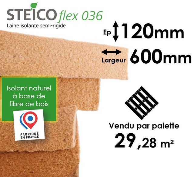 LAINE DE BOIS STEICO FLEX 36 - EPAISSEUR 120MM (R=3,30) - DIMENSIONS 600MM x 1220MM - PALETTE ENTIÈRE 29,28M²