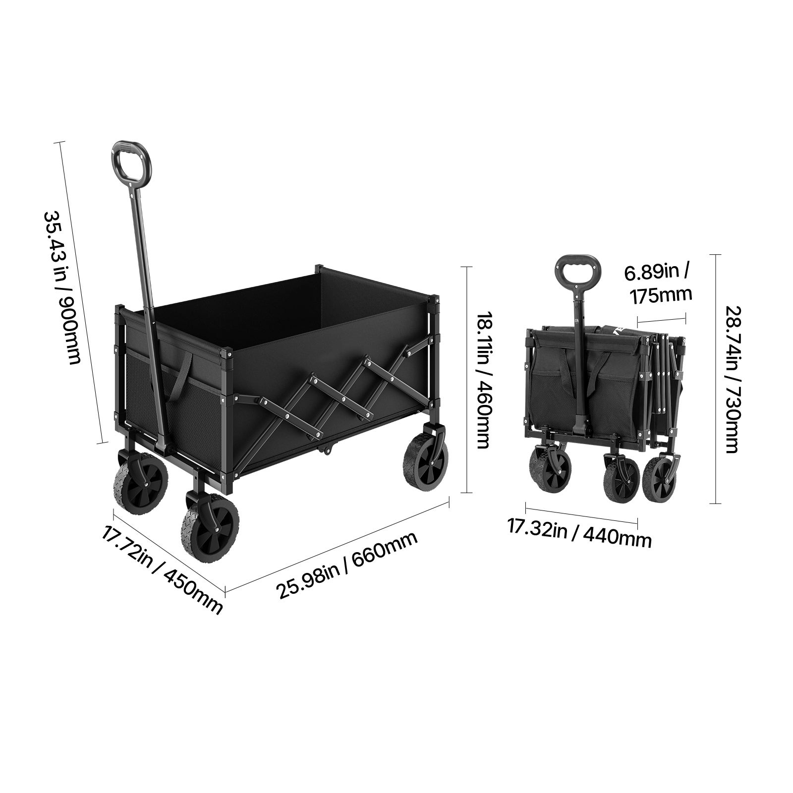Chariot de Jardin Pliable,SucceBuy 120 L,Chariot de Transport Utilitaire Portable Robuste 102,06 kg avec Roues Tout-terrain,Poignée Réglable,Noir - 2
