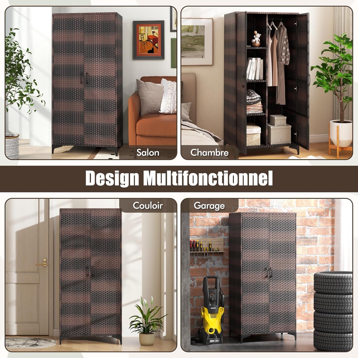 Armoire de Rangement, Armoire Intérieure en Osier PE, 4 Compartiments, Armoire Tringle Penderie, Armoire Extérieure,72 x 50 x 157 cm (Marron) - 5