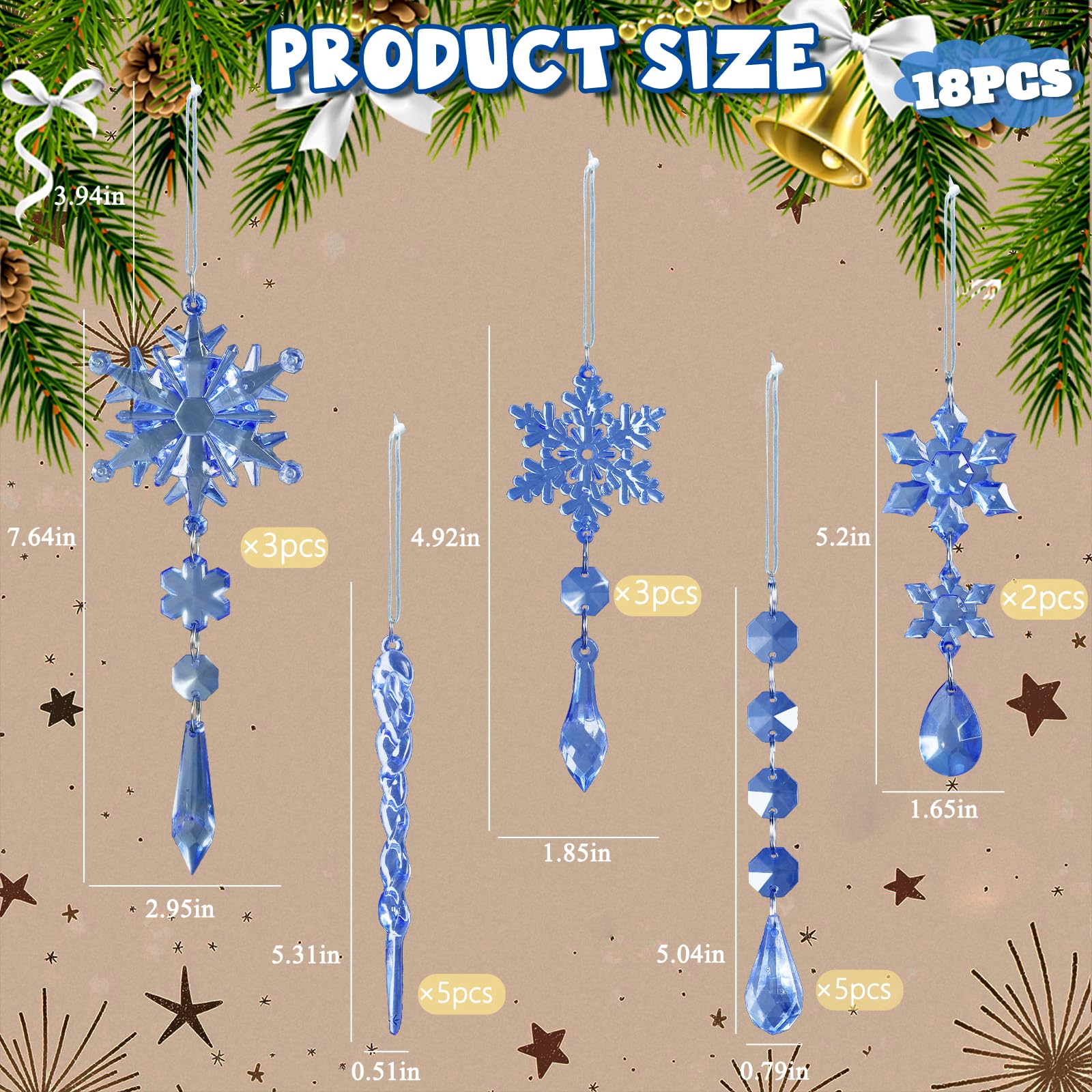 Conjunto de 18 enfeites de cristal para Natal, decorações para árvores de Natal, enfeites de acrílico em forma de flocos de neve e pendentes de Natal - 8