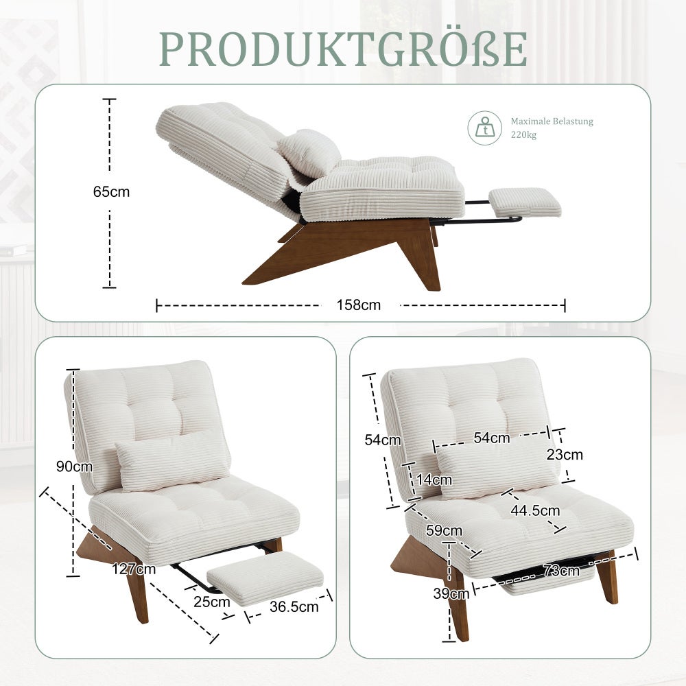 Fauteuil relax moderne en velours côtelé réglable avec repose-pieds, coussin lombaire et pieds en bois massif - 9