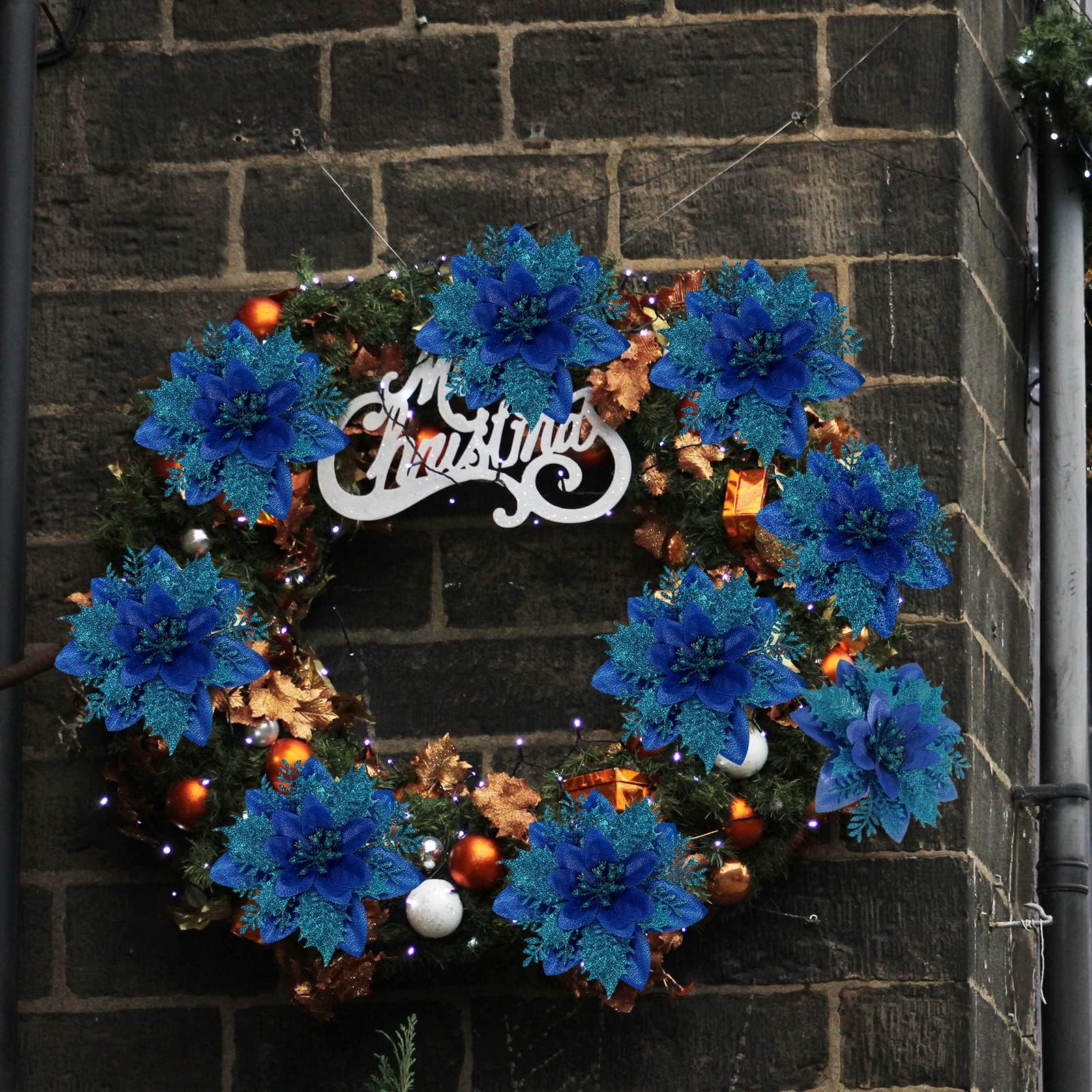 Lot de 10 décorations de Noël, fleurs artificielles scintillantes avec clips, décorations pour sapin de Noël, pendentifs de fleurs artificielles - 3