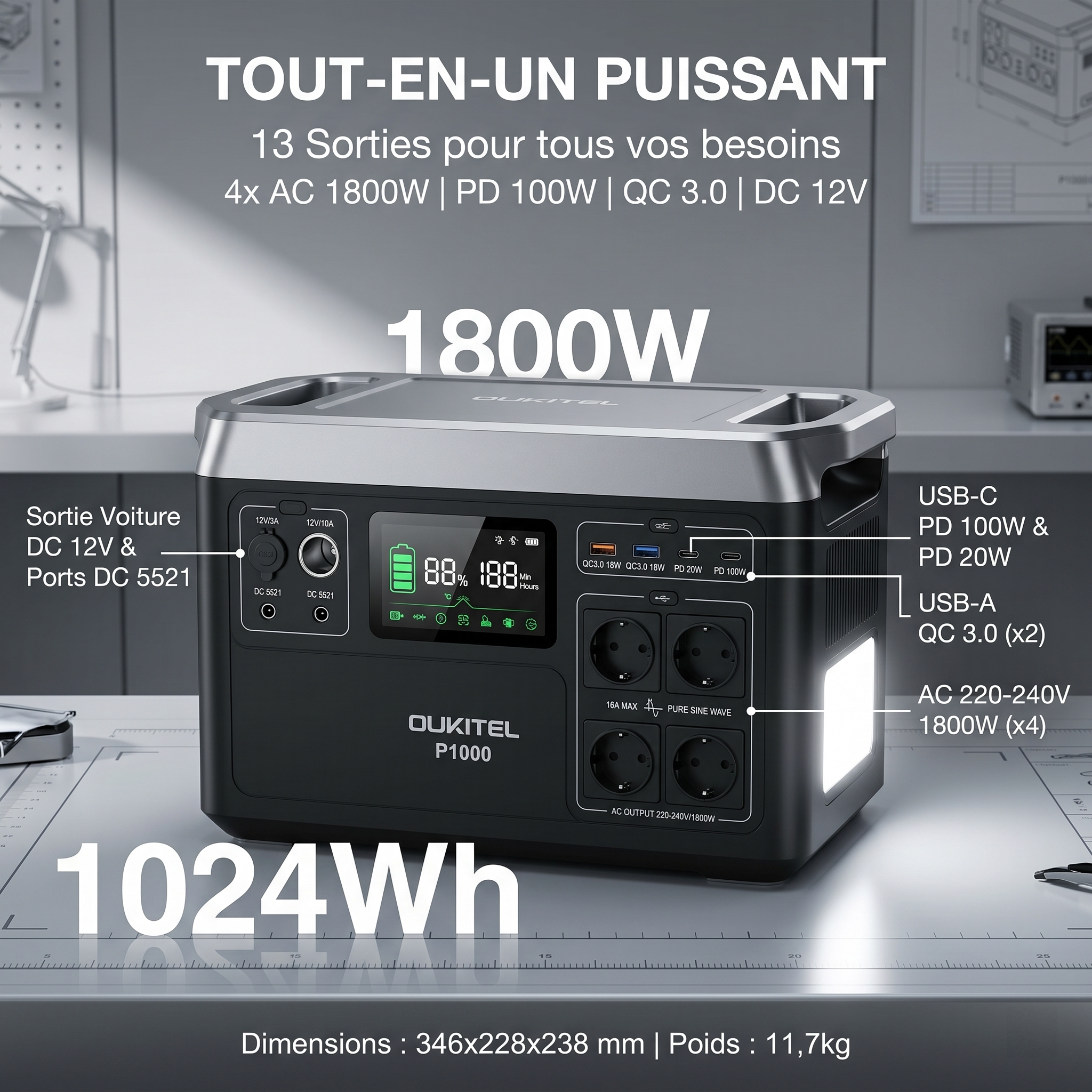 OUKITEL P1000E Plus station électrique portable 1024Wh – 1800W, LiFePO4, usage quotidien maison - 7