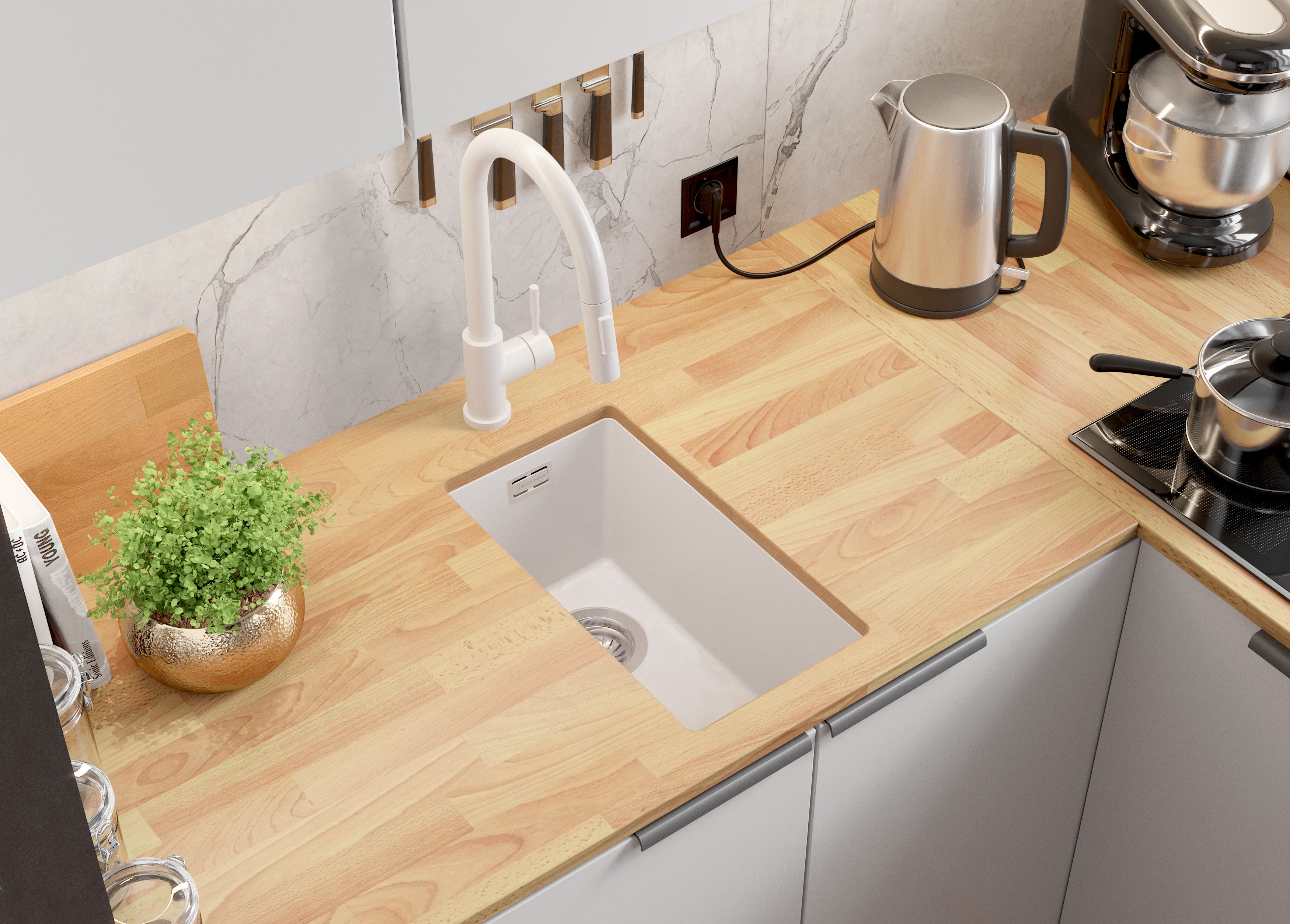 Lavandino sottotop Bianco 26x47cm, Lavello in Granito a 1 vasca + Sifone Classico + Accessori, Lavabo da Cucina al mobile 30cm - London PRIMAGRAN - 2