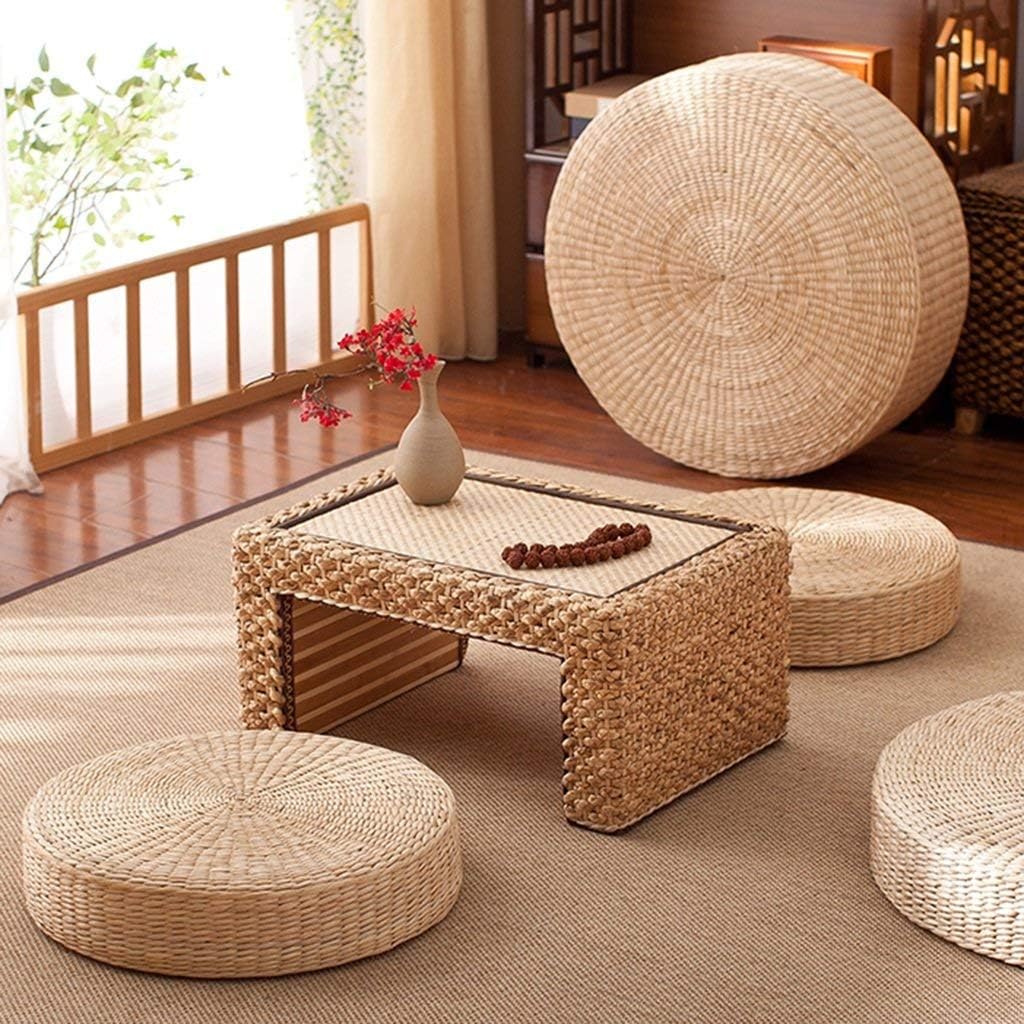 Zestaw 1 dużej, okrągłej, wyściełanej słomianej poduszki tatami do użytku na zewnątrz (średnica 40 cm) - 2