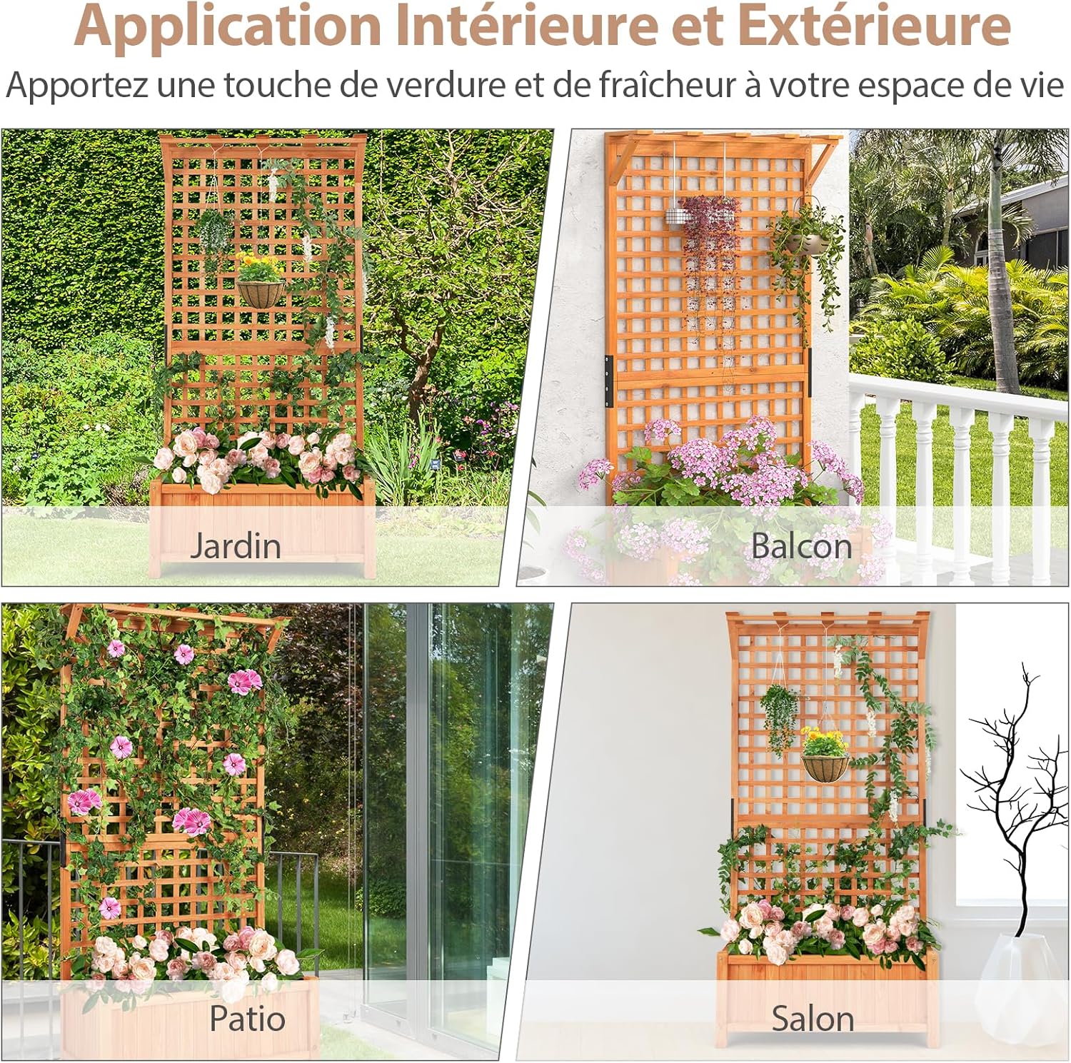 Fioriera da Esterno con Grigliato e Tettuccio, Letto Rialzato in Legno con Fori di Scarico, Aiuola Rialzata con Spalliera per Piante Rampicant - 7