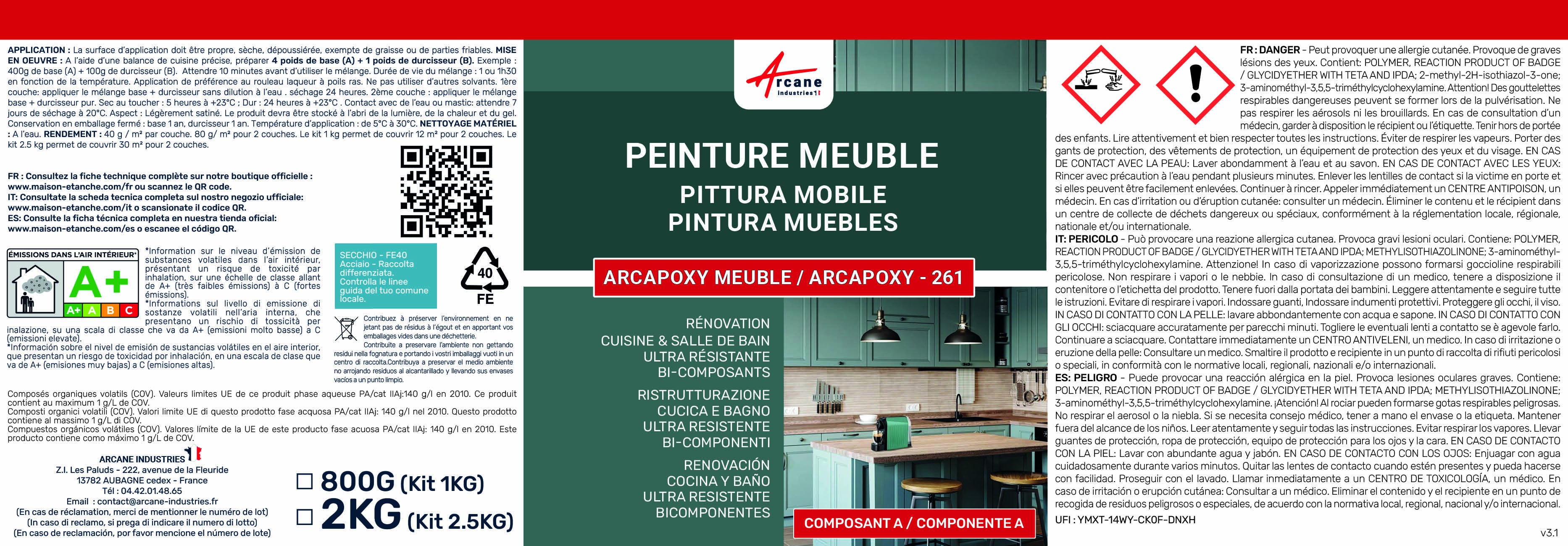 Peinture Meuble Cuisine, Salle de Bain - ARCAPOXY MEUBLE - 1 kg (jusqu'à 12 m² en 2 couches) Blanc - RAL 9003 - ARCANE INDUSTRIES - 10
