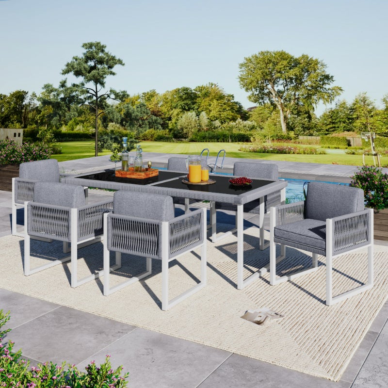 Juego de comedor de exterior para 6 personas, mesa con cristal templado, sillas de cuerda con cojín extraíble y lavable - 3