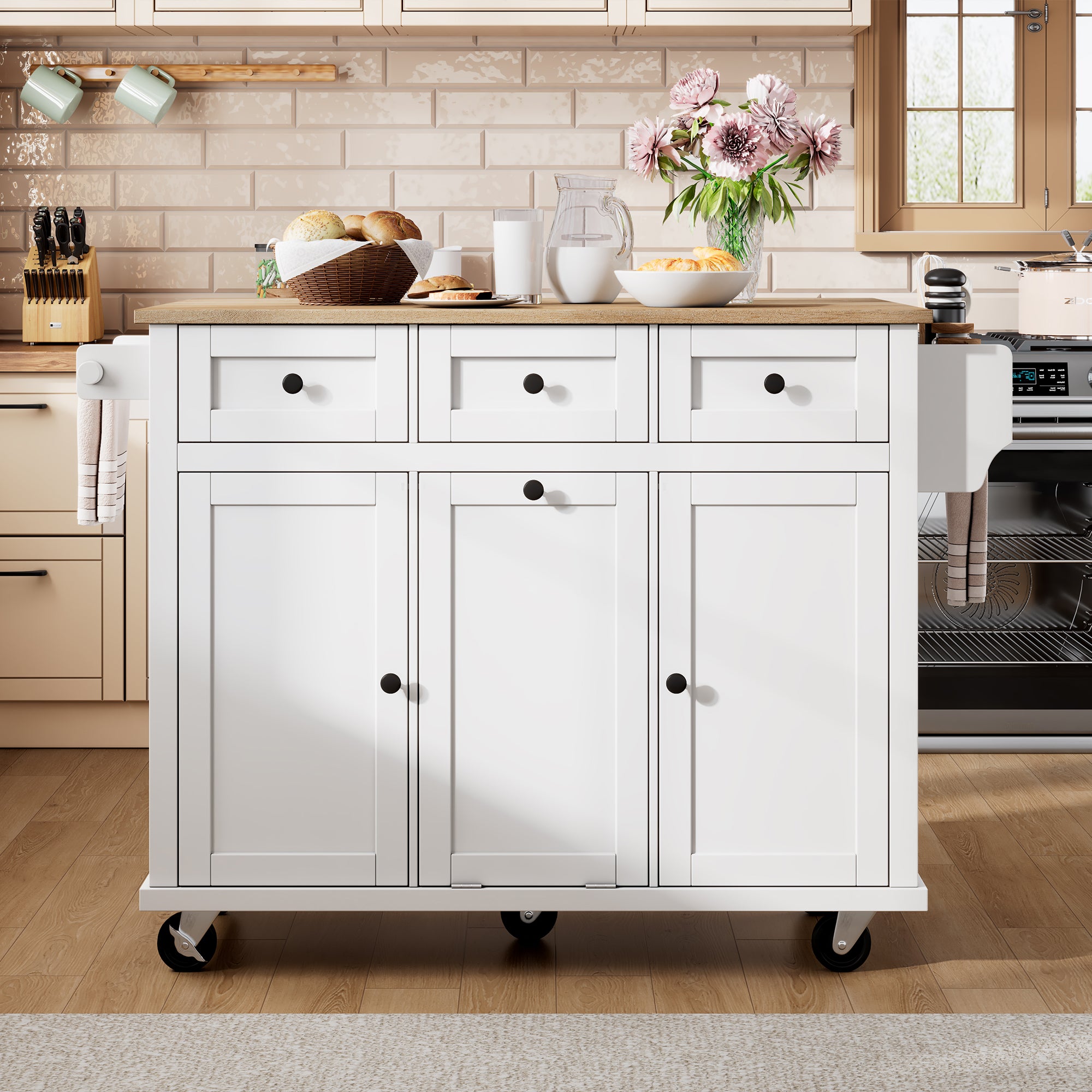 Ilot central de cuisine mobile 126x46.8x94.2cm - avec roulettes - 3 tiroirs et 3 portes - plateau extensible - avec porte-serviettes - blanc - 3