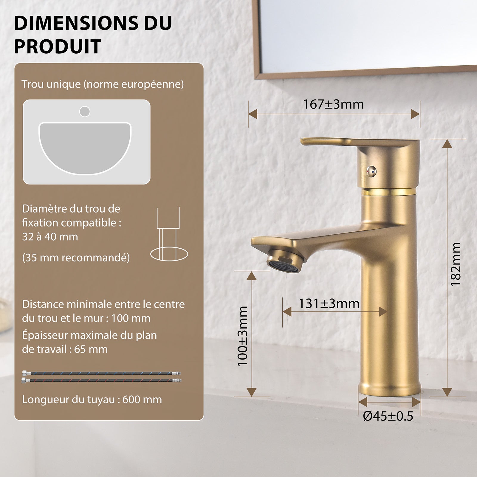 Mitigeur Lavabo Doré en Laiton avec Levier Unique, Robinet Salle de Bain Eau Chaude et Froide pour Lave-Mains - 8