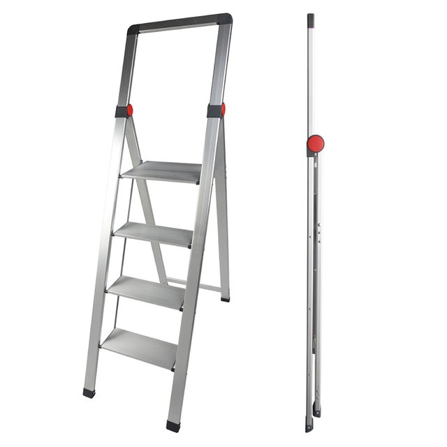 Scala pieghevole sottile in alluminio con schienale e 4 gradini antiscivolo: altezza massima, design ultrasottile e sicurezza per la casa o l'officina