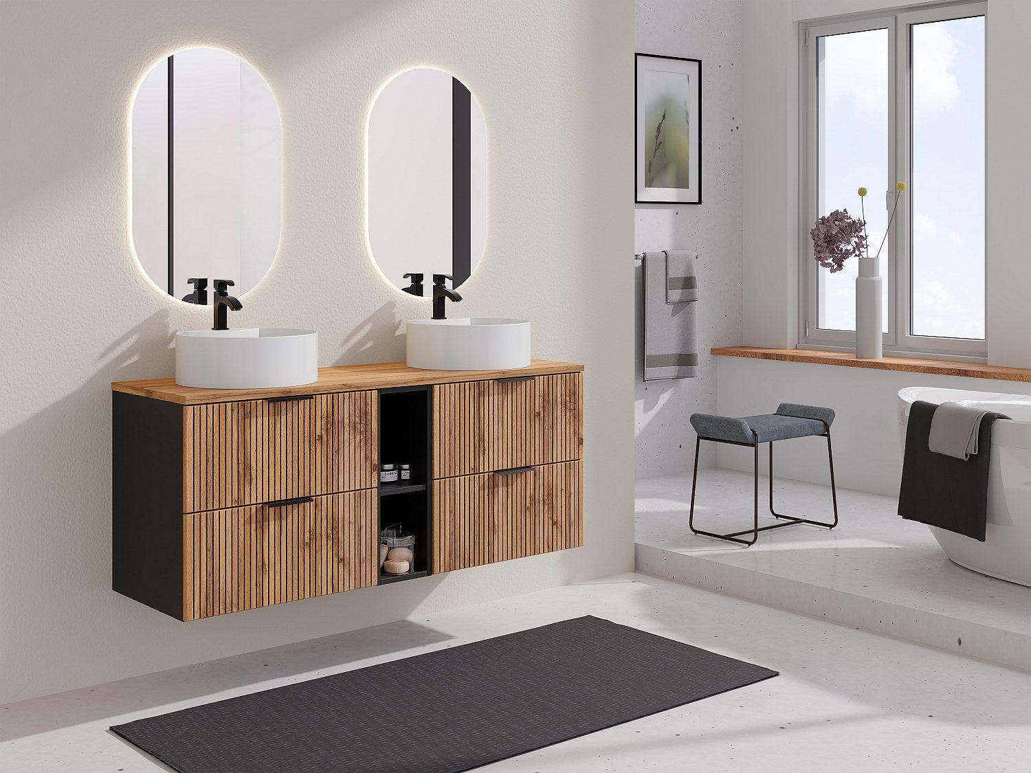 Szafka pod umywalkę wisząca ryflowana z wnękami - Naturalny jasny - szer. 140 cm - MADELA