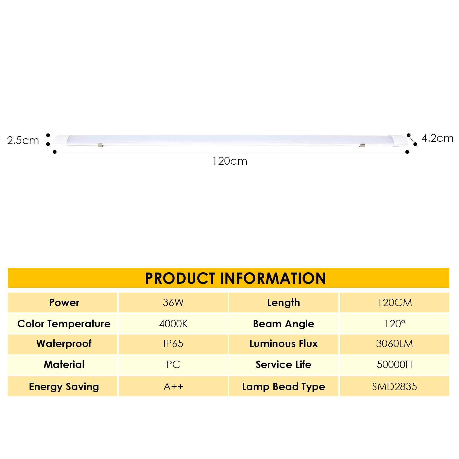 120CM,36W 3060lm 4000K Tube LED, Reglette LED,IP65 Imperméable Luminaire Plafonnier,Atelier/Sous Sol/Bureau/Blanc neutre - 2
