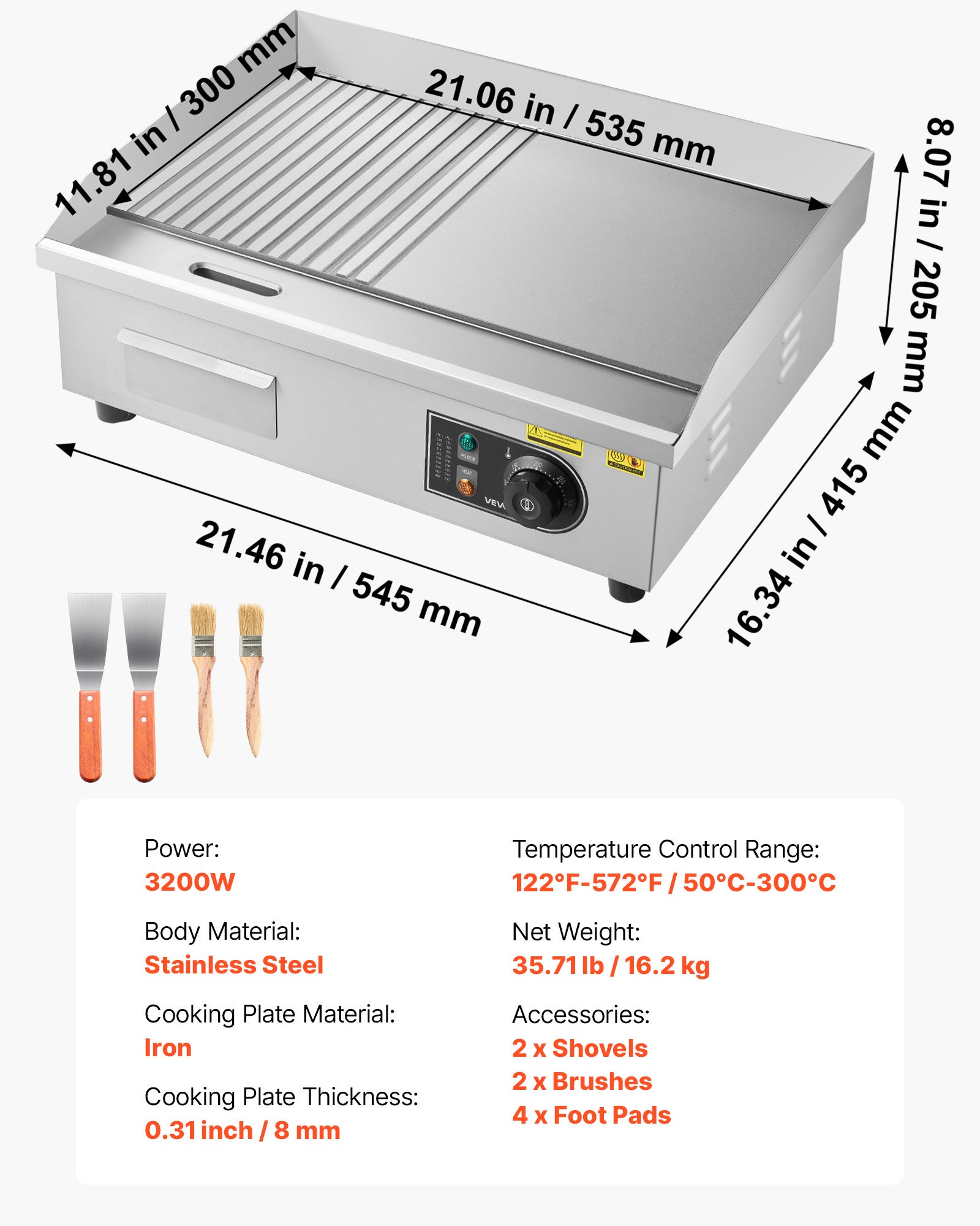 Plancha Électrique VEVOR Professionnelle 3200 W, Plaque 535 x 300 mm, Thermostat 50-300 °C, 2 Zones de Cuisson, Corps Inox, Plaque en Fer - 7