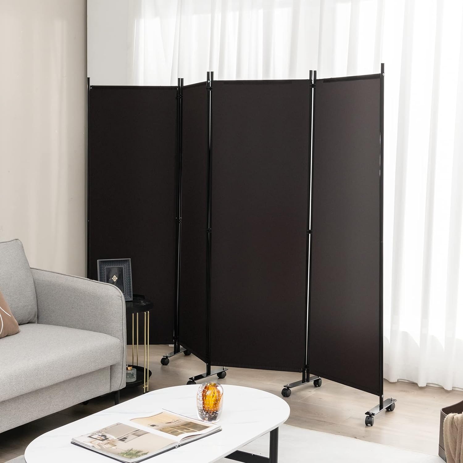 Paravent Séparation Pliable 173×225CM, 4 Panneaux avec roulettes, , Cadre en Métal, Idéal pour Salon,Bureau,Hôpital,Café - 8