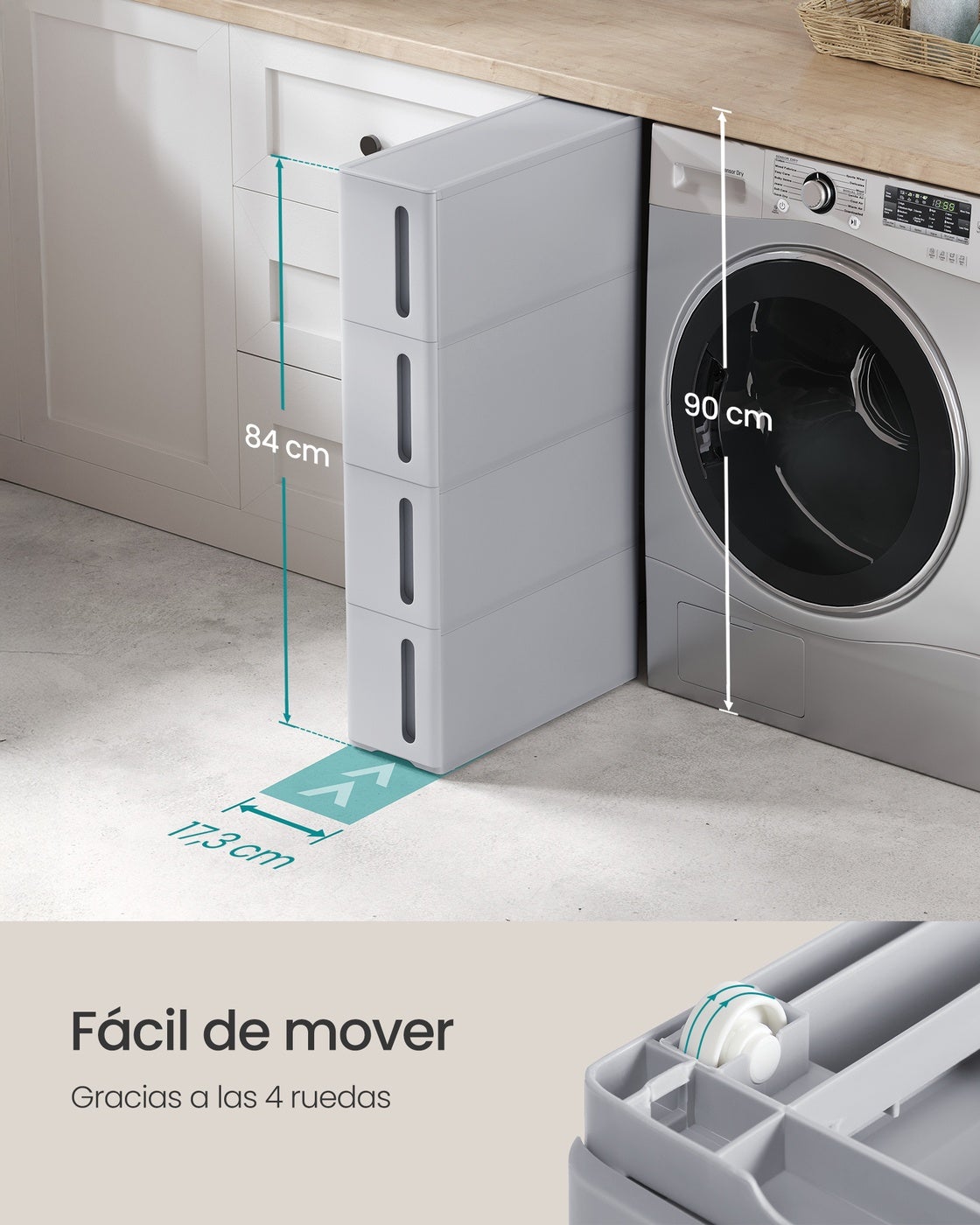 Carrito auxiliar estrecho con 4 cajones, estantería móvil de plástico para baño, 17x45x84 cm, gris - 5