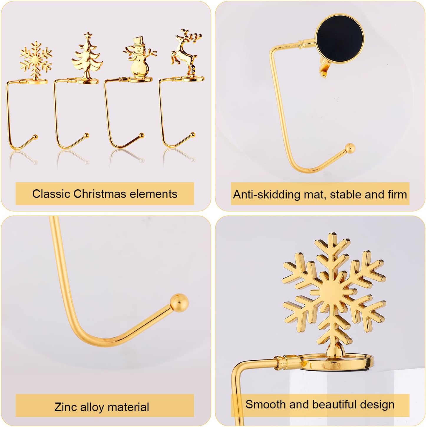 Porta calze di Natale da 4 pezzi, oro, albero di Natale, renna, fiocco di neve, porta calze decorative in metallo, ganci per calze di Natale, grucce - 3