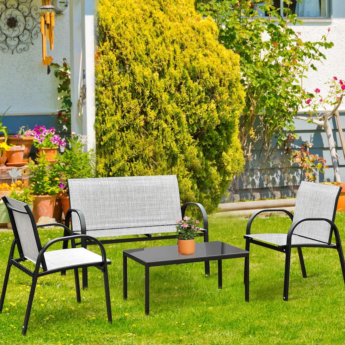 Ensemble de Salon de Jardin en Textilène 4 Personnes, 1 Table Basse en Verre +1 Canapé +2 Fauteuils, GIANTEX - 4