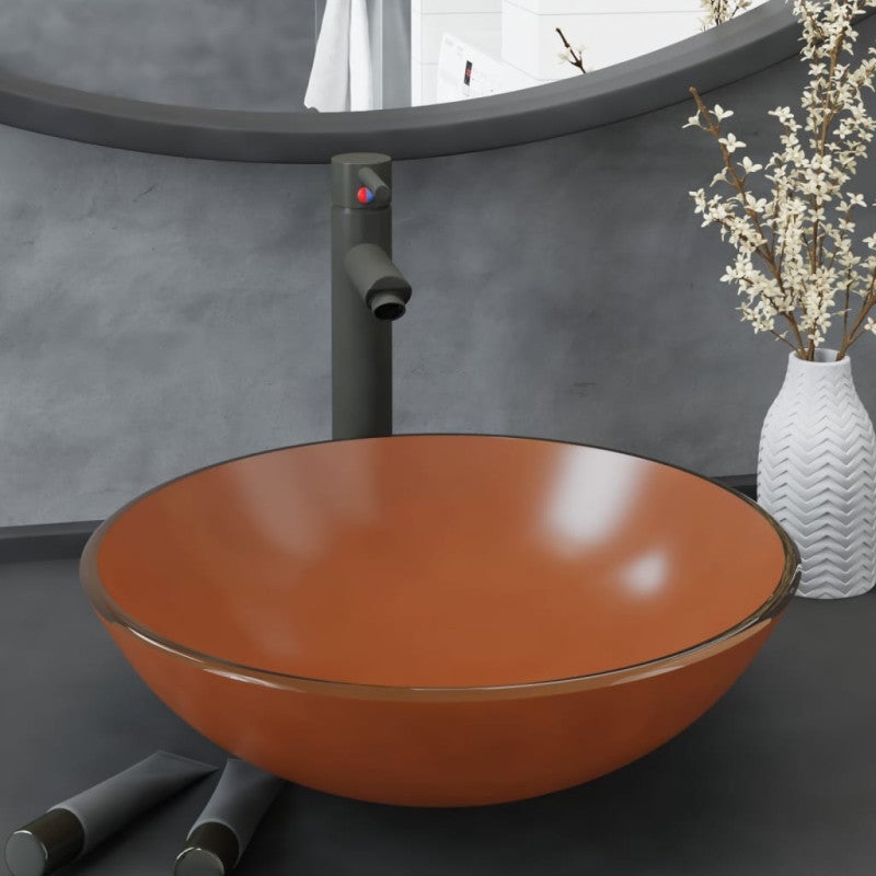 Umywalka łazienkowa z kranem i korkiem, brąz, szkło hartowane vidaXL