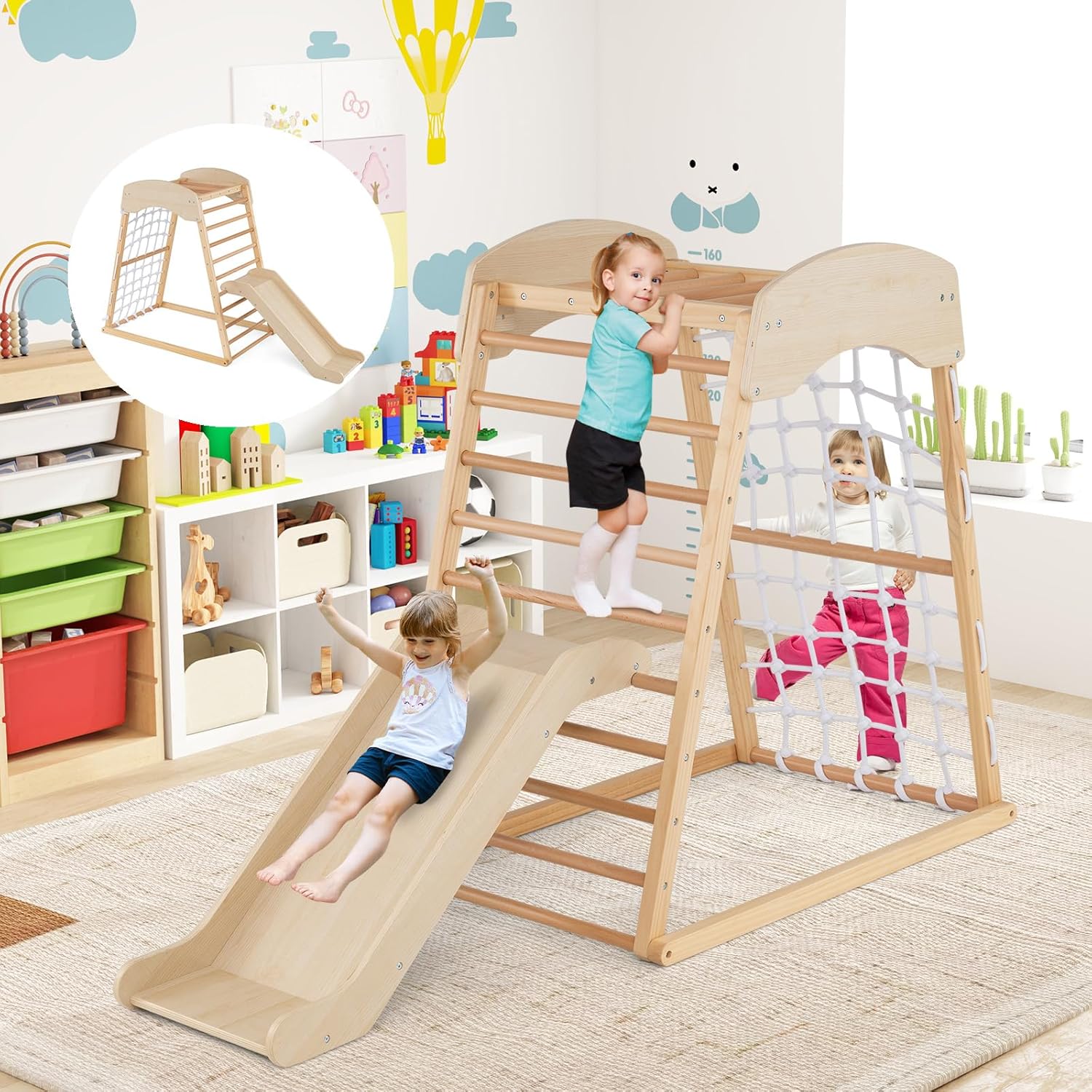 COSTWAY Set De Escalada 7 En 1 De Madera – Triángulo, Arco Y Rampa Deslizante, Montessori, Para Niños De 1 Año En Adelante, Color Gris Oscuro