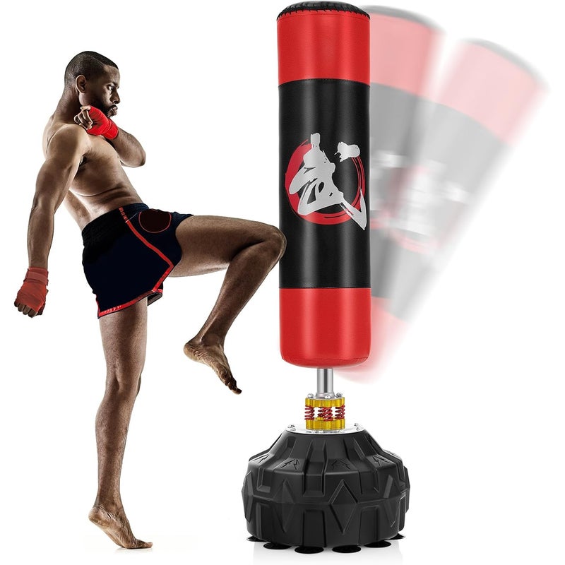 178 cm Worek Treningowy dla Dorosłych na Stojaku, Worek Bokserski z Podstawą z 12 Przyssawkami, Tłumiący Wstrząsy, Piłka do Boksu Karate