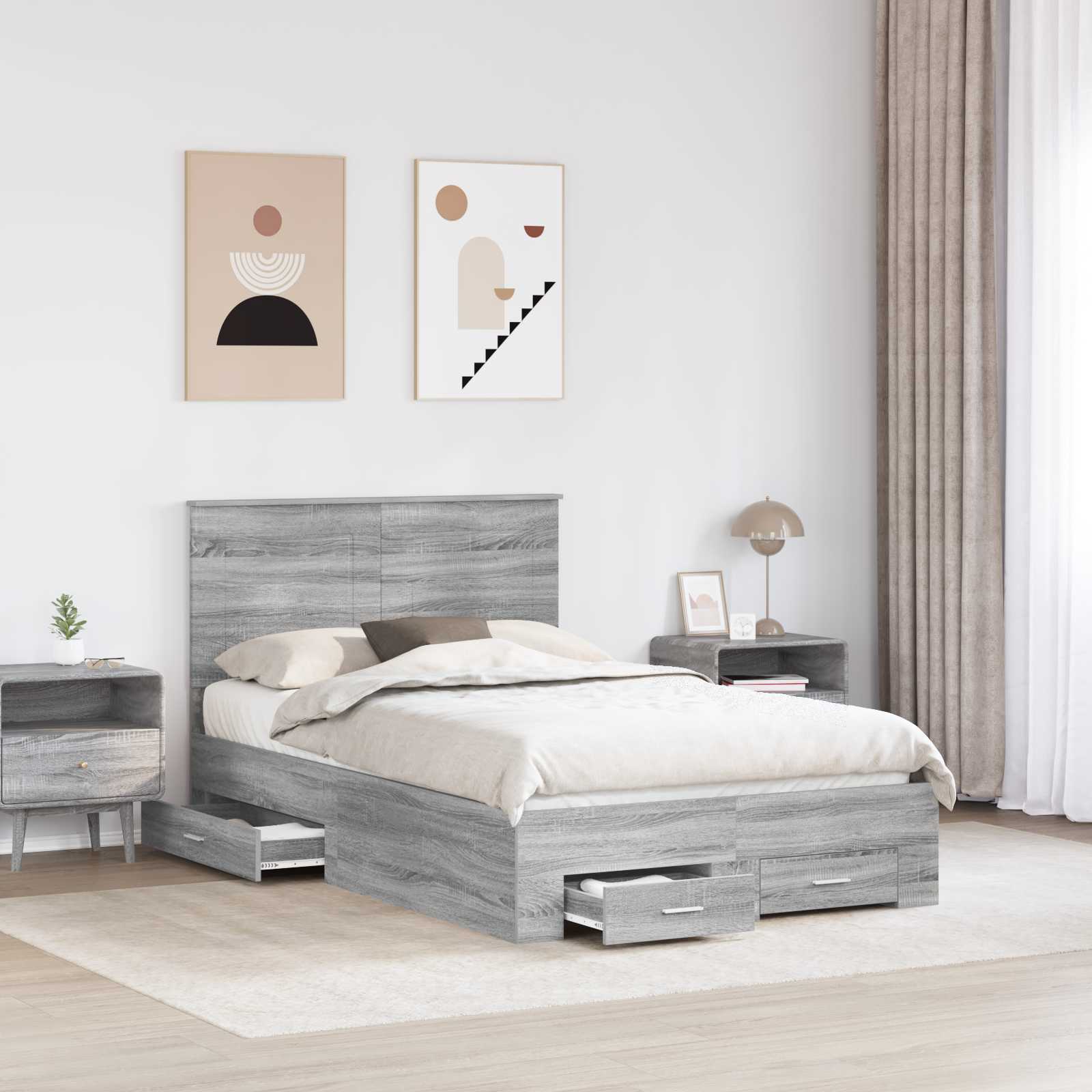 Cadre de lit en panneau de bois gris pour la chambre, 135 × 190 cm - 3