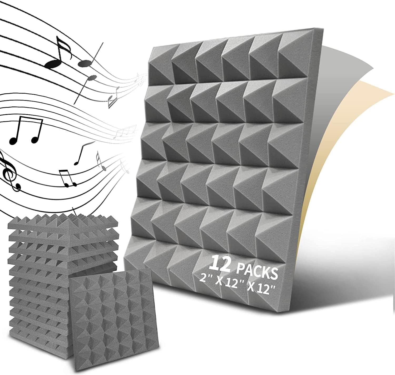 Zestaw 12 samoprzylepnych paneli akustycznych, dźwiękochłonne panele z poliuretanu, dźwiękochłonne panele ścienne o wysokiej gęstości, 30 x 30 x 5 cm