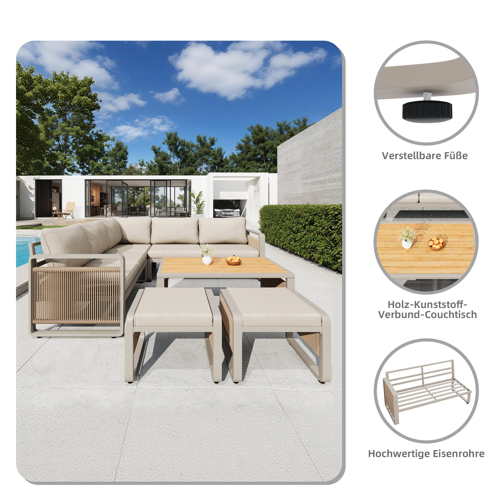 Salon de jardin corde tissée à la main pour 6-7 personnes,avec pieds de chaise réglables,Ensemble de canapé d'angle extérieur avec table basse,Beige - 4