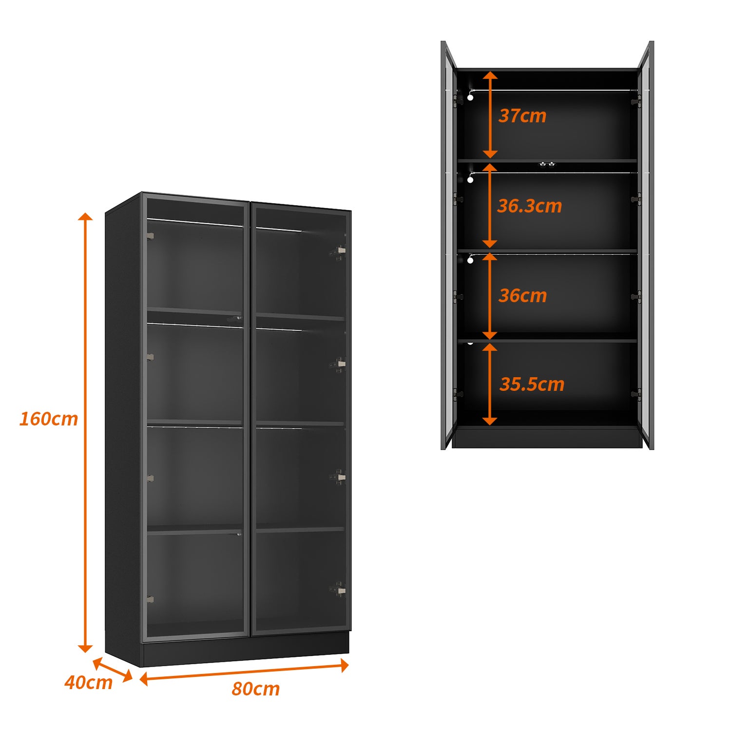 Vitrine avec LED et Portes en Verre Meuble de Rangement en Verre Debout avec 4 étagères Design Pop-up 80x40x160cm Noir - 2