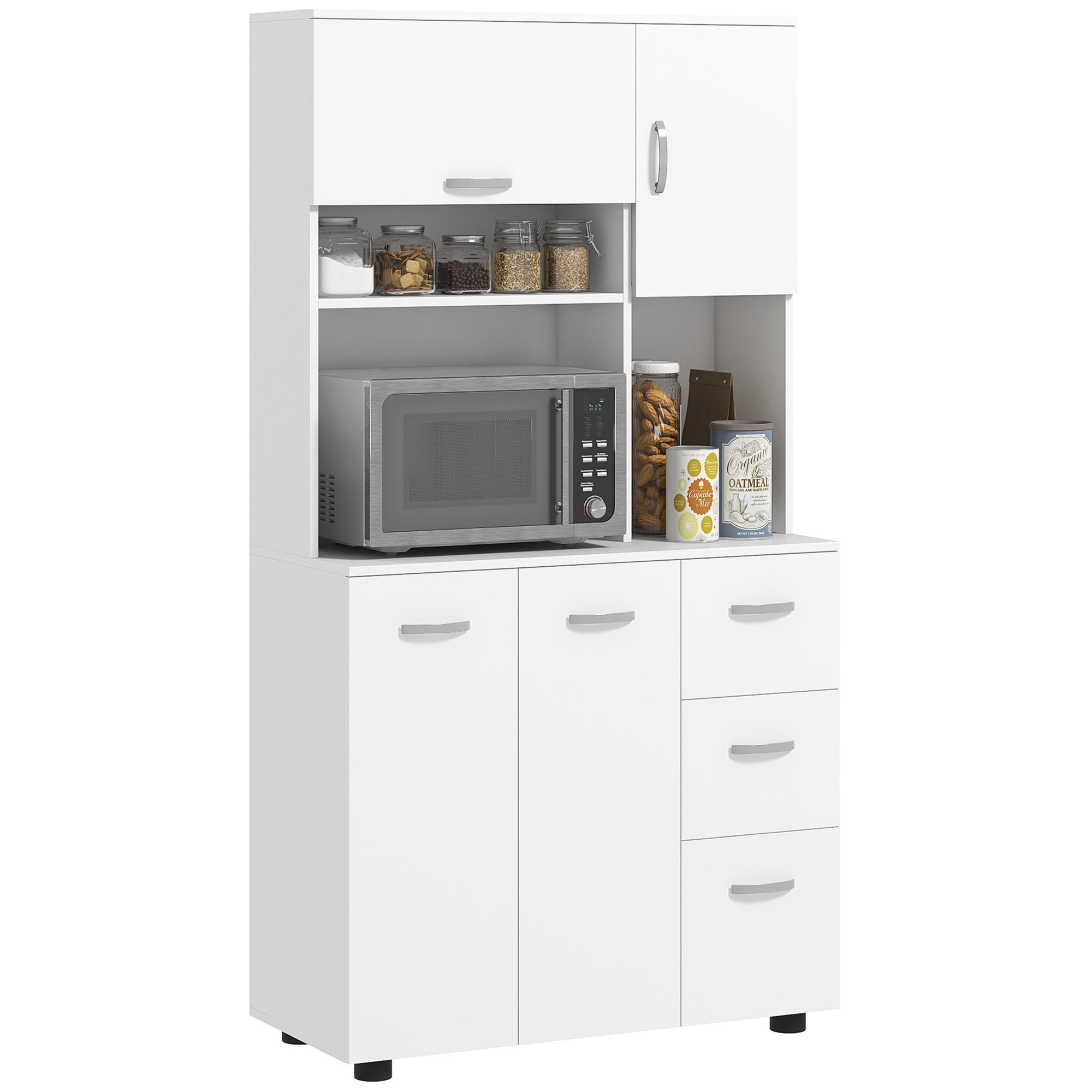 Mueble de cocina multialmacenamiento con 4 puertas, 3 cajones, balda + encimera grande, 89l x 39,5w x 168h cm, blanco