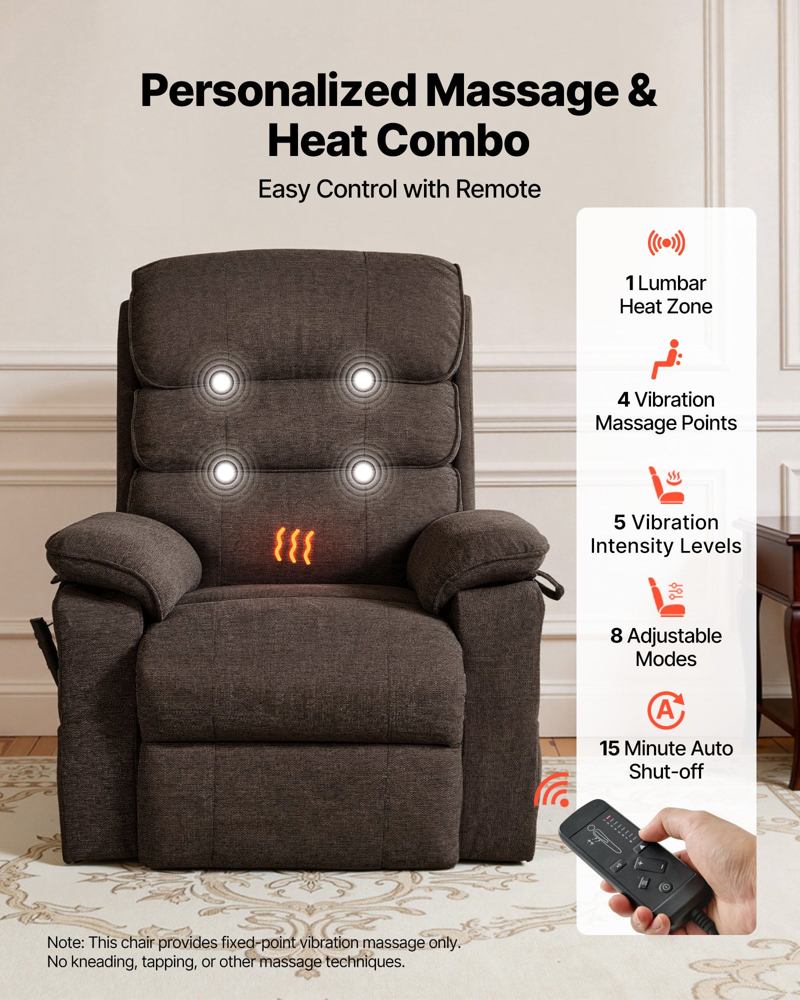 Fauteuil Releveur Électrique VEVOR, Double Moteur, Fauteuil de Relaxation avec Fonction Chauffante et Massage, pour Personnes Âgées, Télécommande - 4