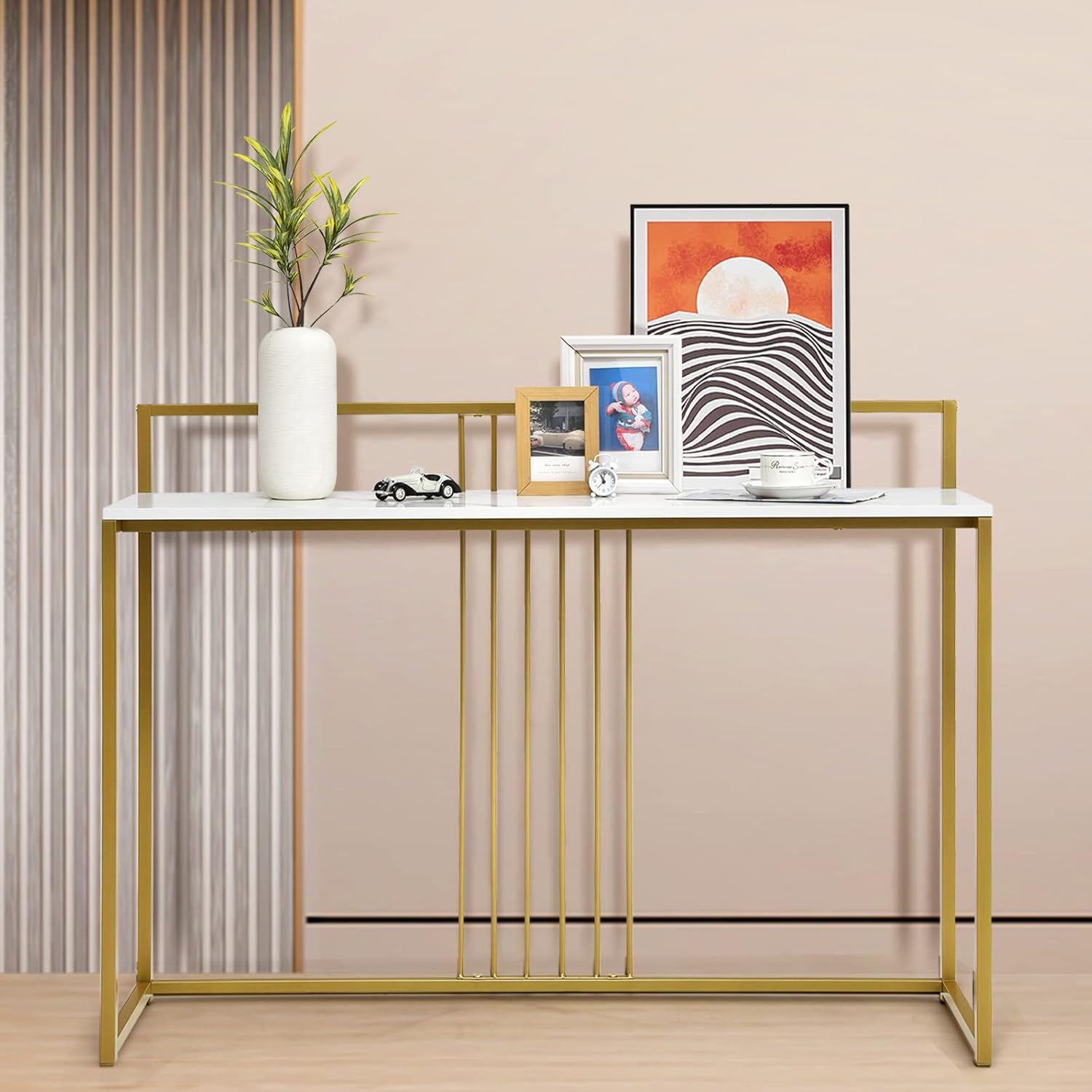 Consolas e mesas de sofá, com hastes reforçadas, armário para guardar objetos para sala de estar e entrada, 120x32,5x88 cm, branco e dourado - 2