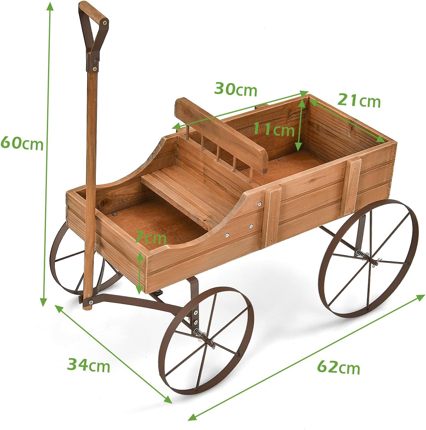 Brouette décorative en bois avec 2 compartiments à planter roues poignée charge 15kg marron - 3