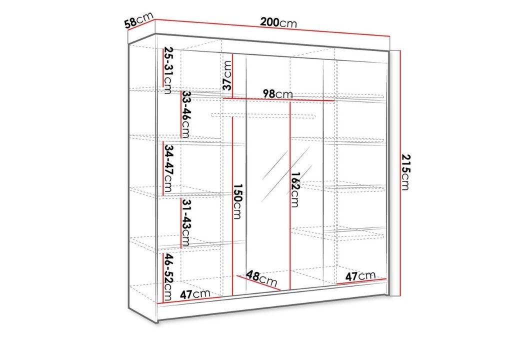 Armadio Closico 161, Bianco, 215x200x58cm, Porte armadi: Scorrevoli, Numero di ripiani: 9.00 - 4