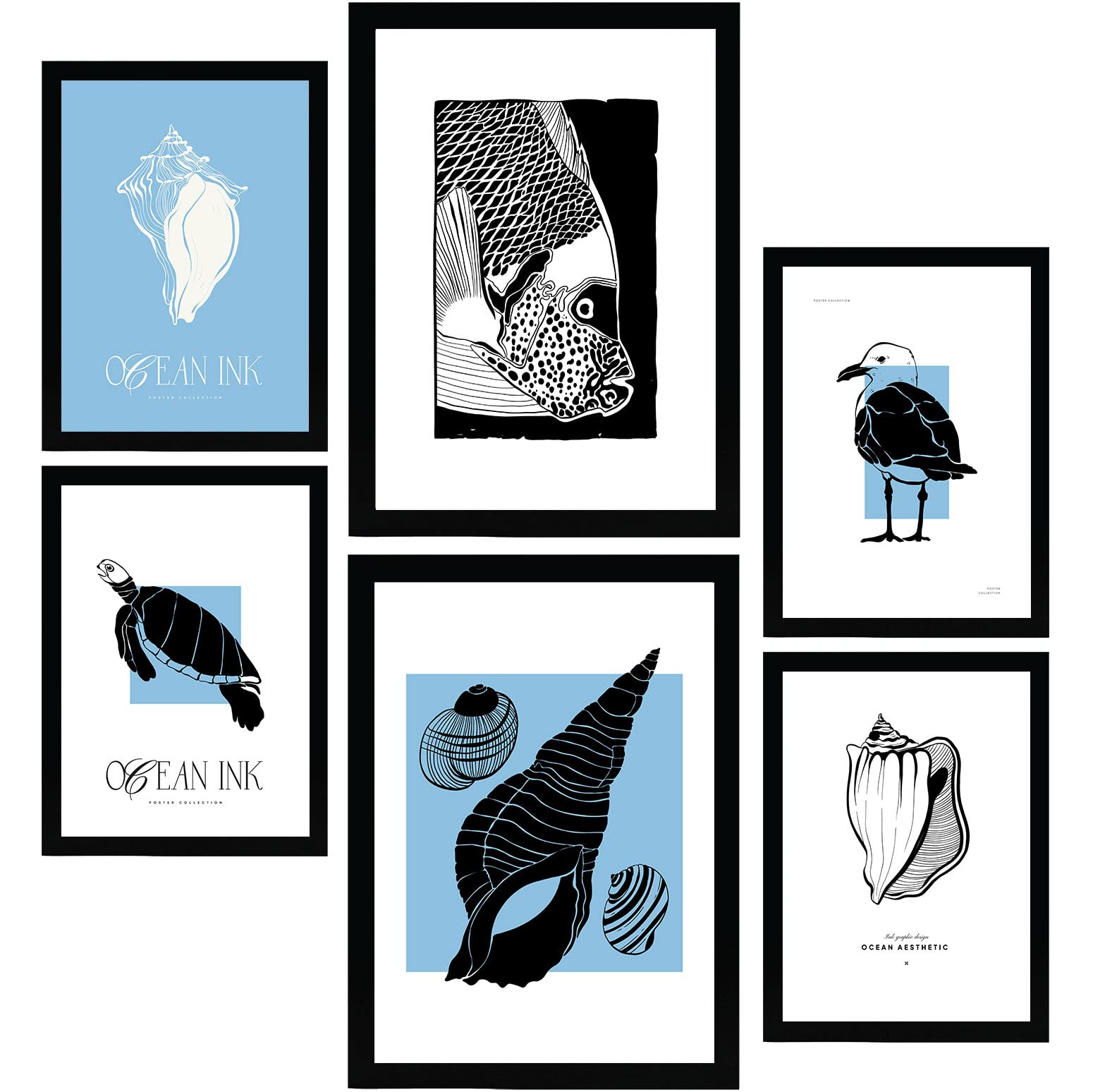 Lot De 6 Posters Océan Baleine Requin Tortue - Affiches Chambre Enfant Salle De Bain 20x25 Cm