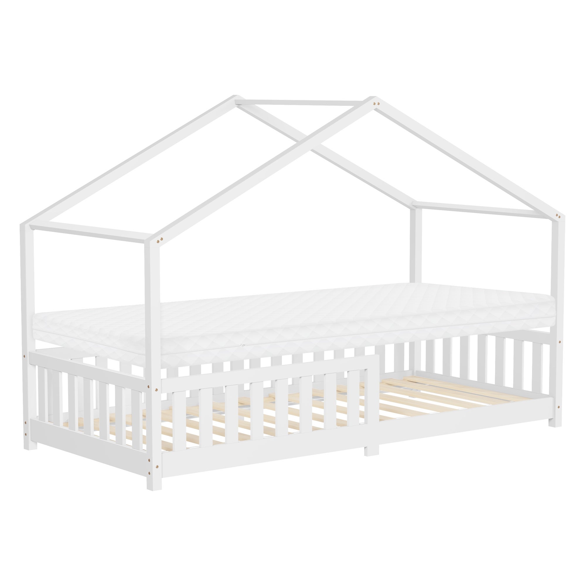 ML-Design łóżko dziecięce domek 90x200 cm biały drewniane z materacem wys:10 cm i barierką ochronną Montessori łóżko do zabawy