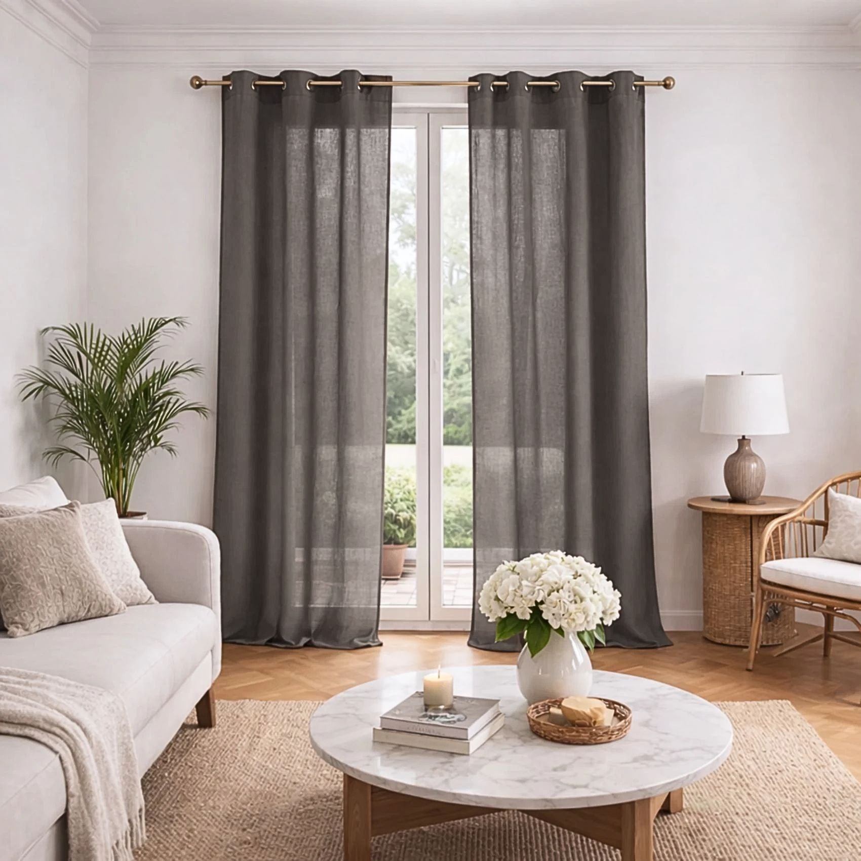 Voilage poly-lin uni fluide - Gris - 140x240 cm - Polyester - 3