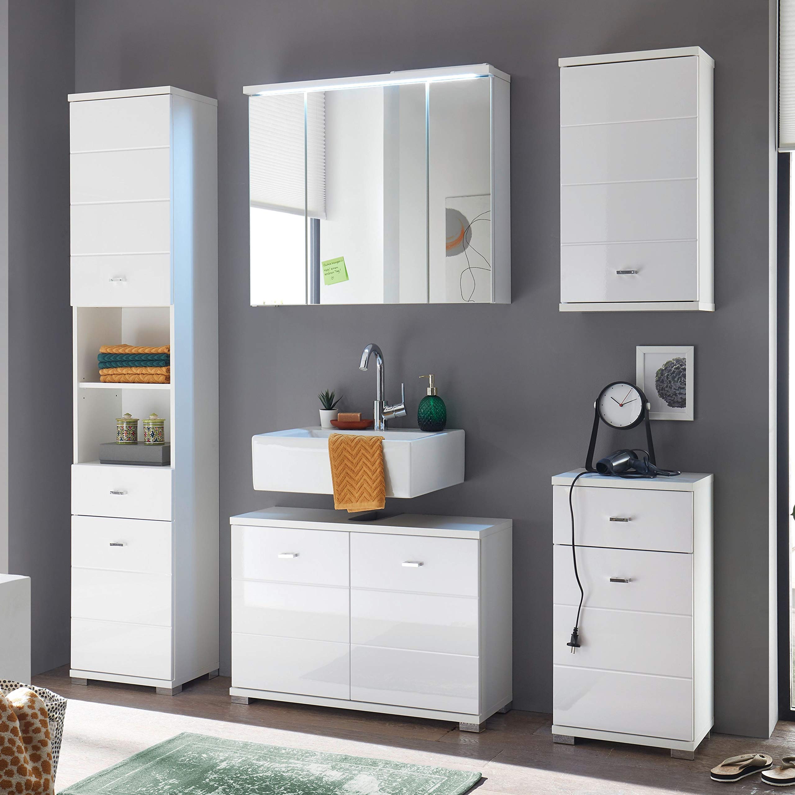 Mobile Bagno Con Specchio E Luci LED - Stella Trading 80 Cm, Bianco Moderno - Foto 9