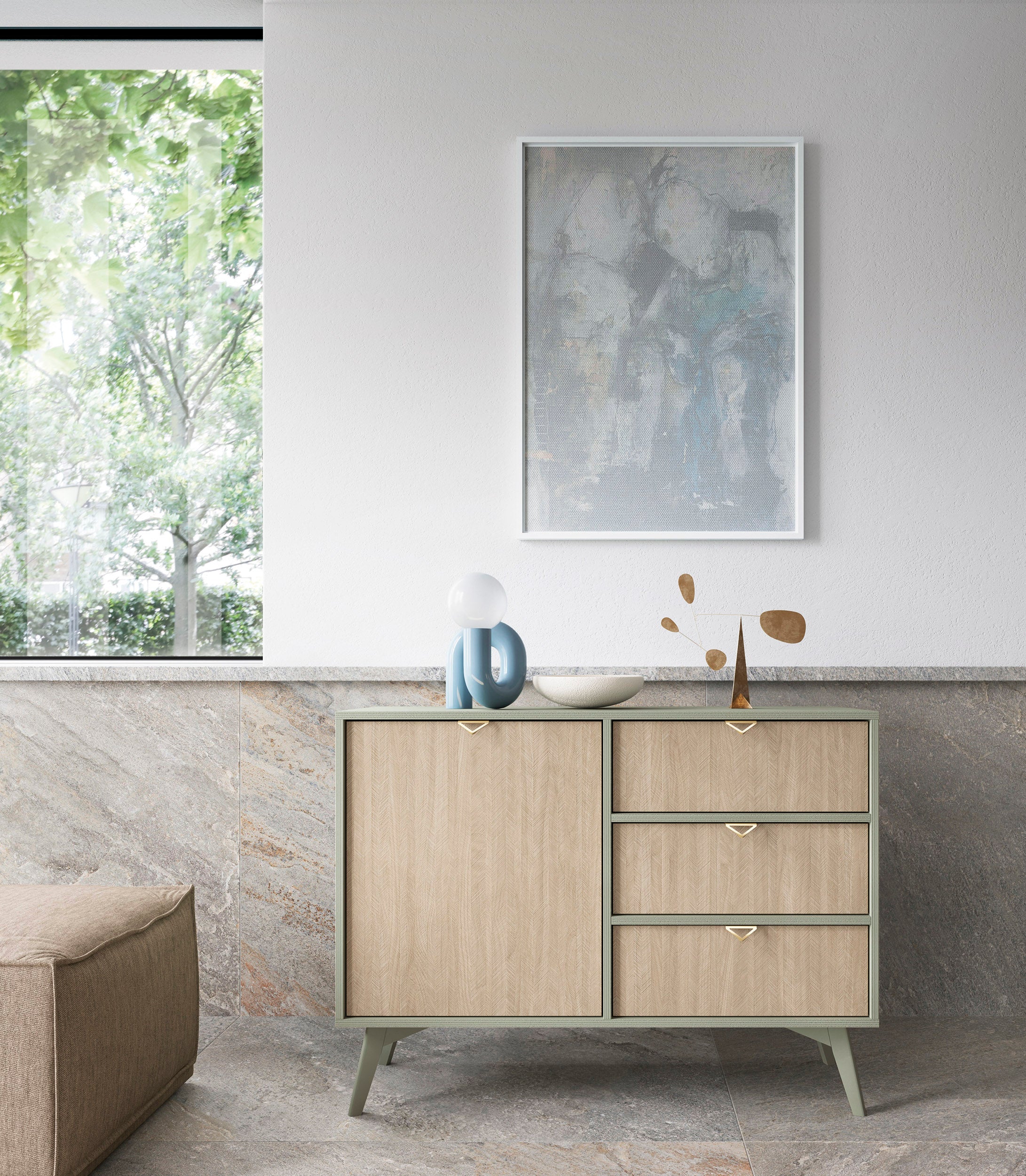 Komoda: wzór eukaliptusowy / skandynawski chevron, nogi drewniane, 106 x 80 x 38 cm - 4