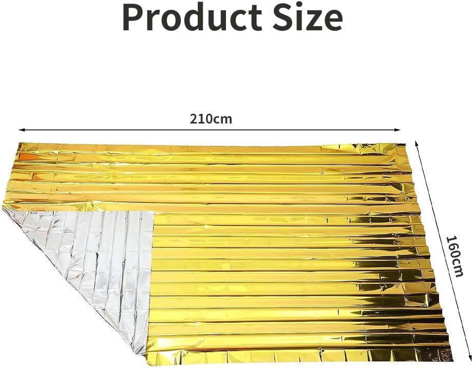 Couverture thermique de survie extérieure (lot de 2), réutilisable, or et argent, 210 × 160 cm, avec sifflet de survie. - 2