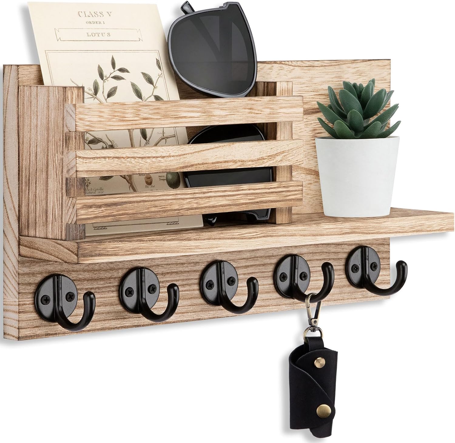Porte-clés Mural BAODBF Avec étagère Et Tiroir – 6 Crochets – Bois (noir/blanc) – Pour Entrée, Salon, Bureau