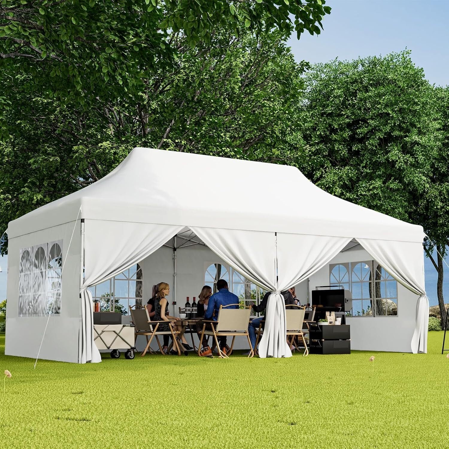 Tonnelle Pliable 3x6M avec 6 Parois Latérales, Barnum Tente de Réception Pliante Anti-UV 50+, Imperméable, 6 Sacs de Sable,Sac de Transport, Blanc - 2