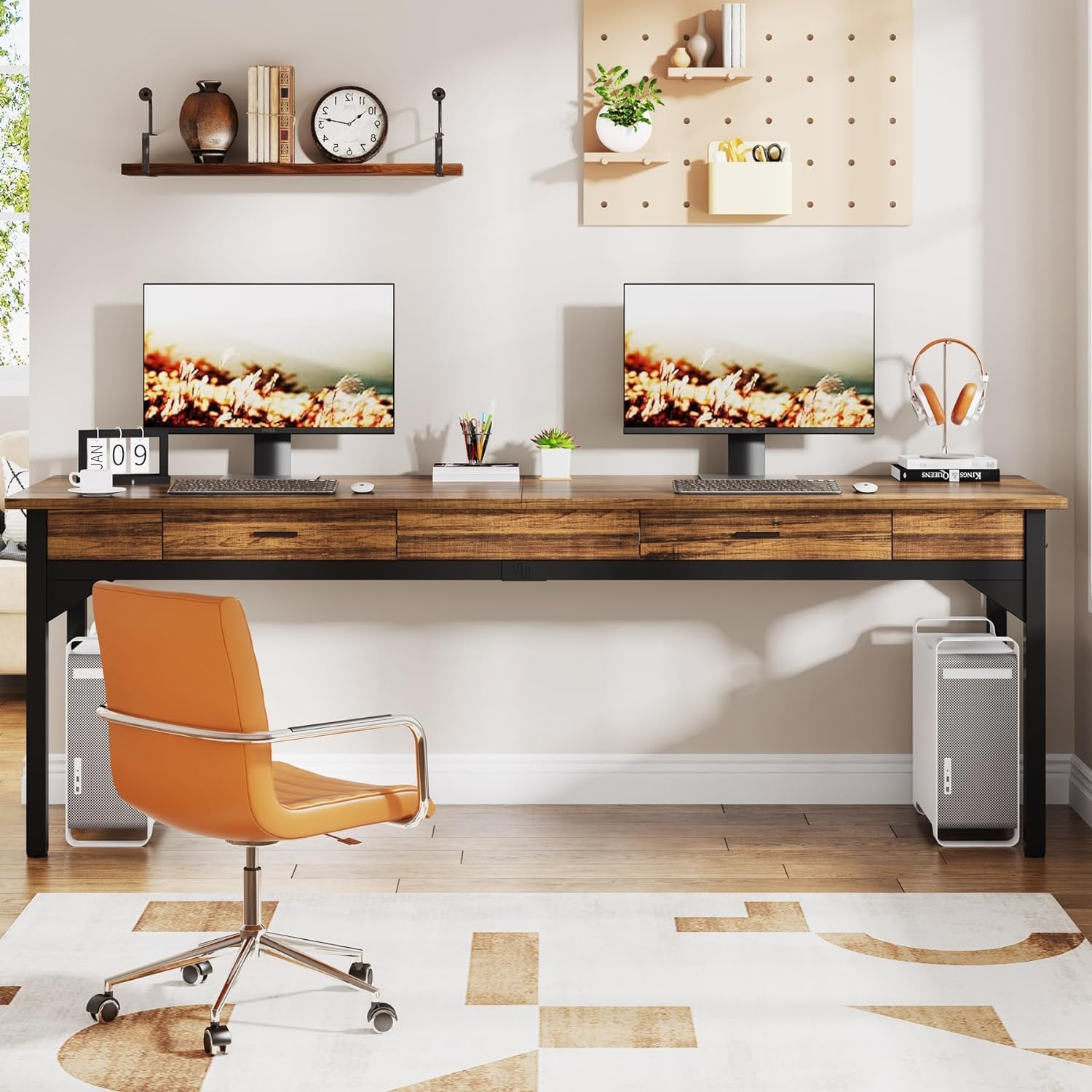 Bureau double 200cm de long table d'ordinateur avec 2 tiroirs, bureau, table de bureau - 5