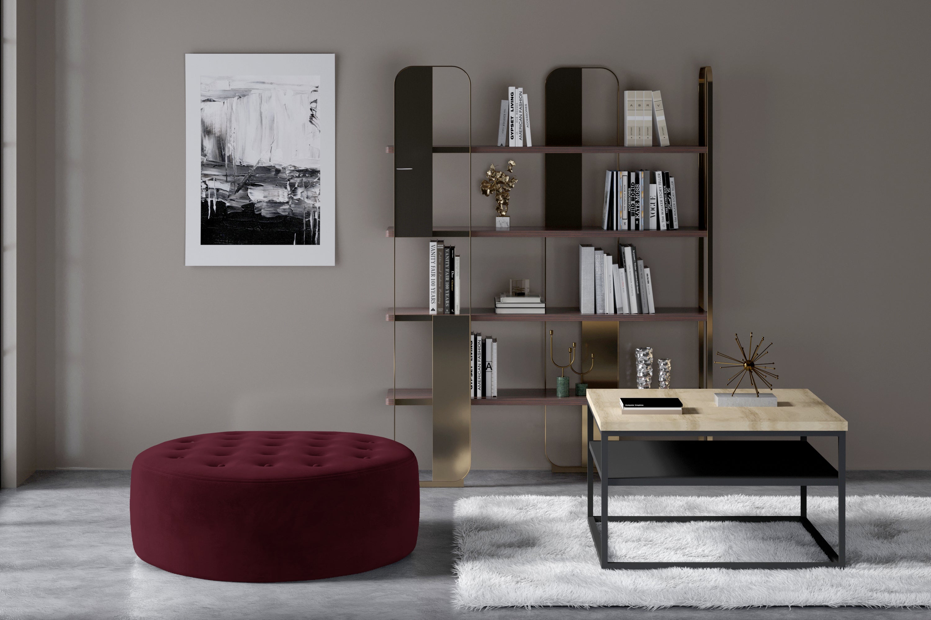 Pouf rond matelassé velours bordeaux Styla 70cm - 2