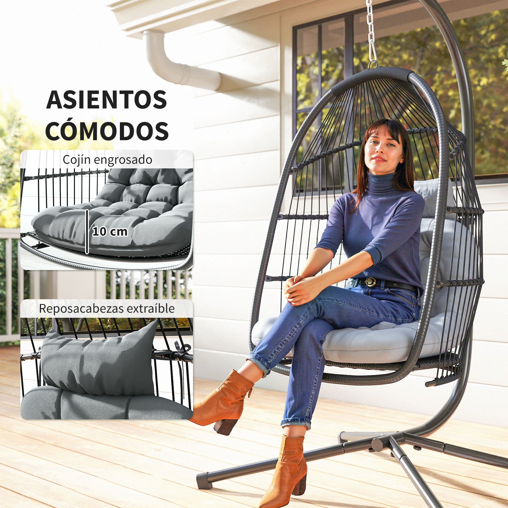 Cadeira Suspensa Outsunny Aço, PE Cinzento Escuro 107x100x196 cm - 4