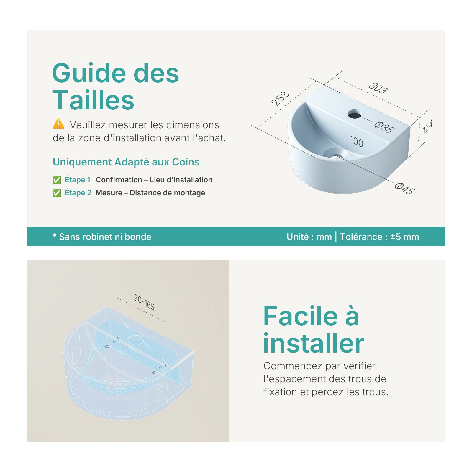 EMKE Lavabo mural en forme de U en céramique 30,3 x 25,5 x 12 cm, bleu clair mat - 2